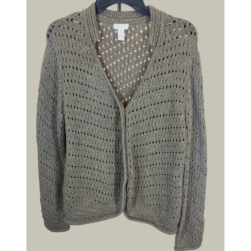 Chico's Cardigan Sweater Knit Metallic Shimmer Layering Gold Green Sz 3 (XL)